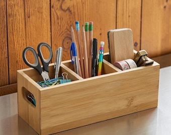 Bamboo 3-Slot Pen Holder for Desk | Wooden Office Organizer for Makeup Brushes & Remotes