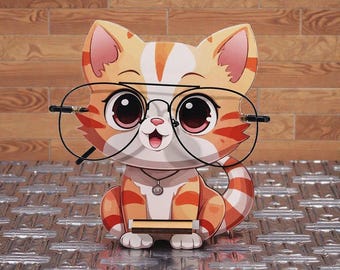 3D Wooden Cat Glasses Holder – Cartoon Animal Eyeglass Stand for Desk & Home