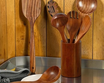 Juego de utensilios de cocina de madera de nogal / Cuchara, espumadera y colador de arroz