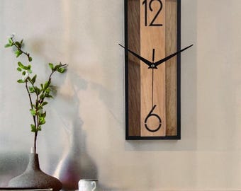 Reloj rectangular con vetas de madera / Decoración de pared silenciosa para el hogar, la oficina y el comedor.