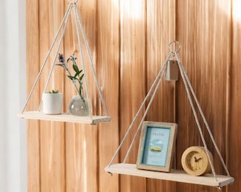 Estante flotante de cuerda/columpio de madera para pared, plantas y decoración del hogar.