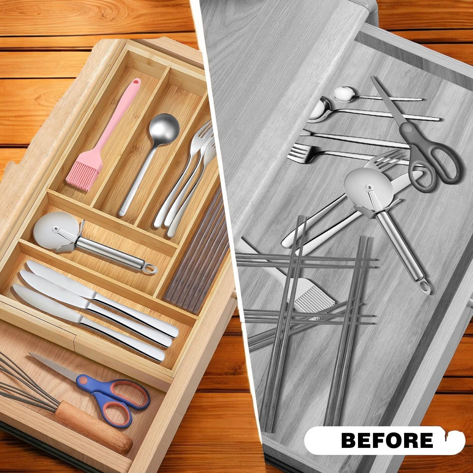 Loco Bird Bestekbak van bamboe, 6 vakken, 27,5 x 44,7 x 5 cm, verstelbare bestekbak voor laden, bestek-organizer, keuken, hout, lade-inzet voor keuken, bestek organizer