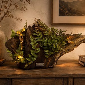 May include: A piece of dark brown driftwood featuring green fern foliage and integrated warm yellow string lights. A small rectangular silver plaque is attached to the front with the text "Hidden Wood Forest Sound".