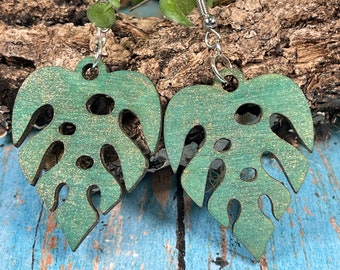 Monstera Leaf Wooden Earrings / Wooden Leaf Dangle Earrings / Gift for Her / Lightweight Nature Leaves from Wood / Nickle Free