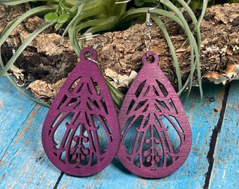 Laser Cut Wood Earrings - Purple Teardrop Earrings - Floral Mandala Earrings - Trendy Earrings - Leaves & Vines - Natural Wood from Nature