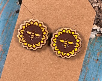 Bumble Bee & Sunflower Earrings - Handmade - Wooden - Honey Bee Earrings - Sunflower Stud Earrings - Hippie Chic Style