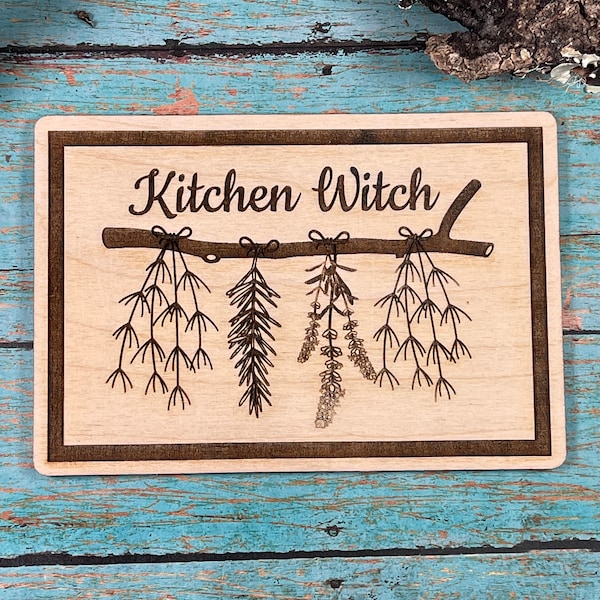 Kitchen Witch Sign - Wood Carving - Wood Burning - Laser Etched - Green Witch - Hanging Herbs - Nature's Medicine - 5.3" x 3.6"  Wood Art