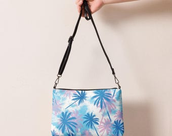 Tropical Palm Tree Blue and Pink Faux Leather Purse - Adjustable Straps