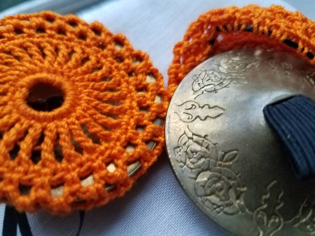 Orange Crocheted Zill Mufflers Finger Cymbal Protectors With Skinny Black Ribbon Etsy