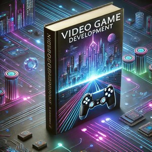 Op de afbeelding: Een boek getiteld "Videospelontwikkeling" met een futuristische skyline en een videogamecontroller op de omslag. Het boek ligt op een printplaat met gloeiende neonlichten.
