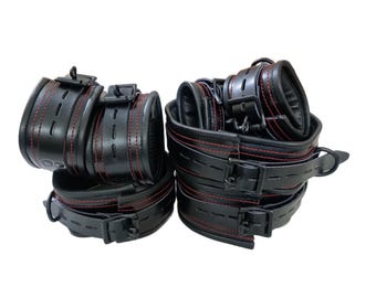 Real Leather Restraints Set, Black with Red Stitching