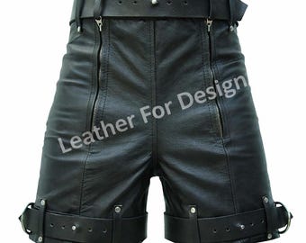 Men's Black Leather Belted Shorts – Handmade Genuine Cowhide Biker Style