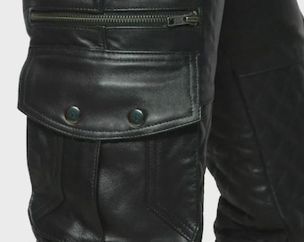 Handmade Black Leather Cargo Style Pants for Mens