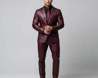 Men’s Burgundy Leather Suit – Sheep Leather Slim Fit Blazer and Pants Set