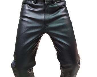 Handmade Black Leather Biker Jeans: 501 Style, Custom Fit