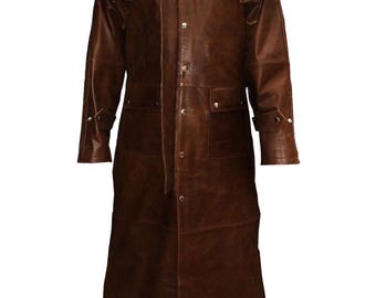 Handmade Mens Brown Leather Duster Coat – Steampunk Riding & Hunting Trench