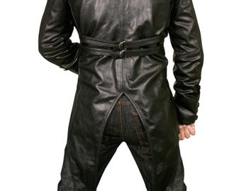 Mens Black Real Cow Leather Steampunk Tailcoat Jacket Gothic Van Helsing Coat