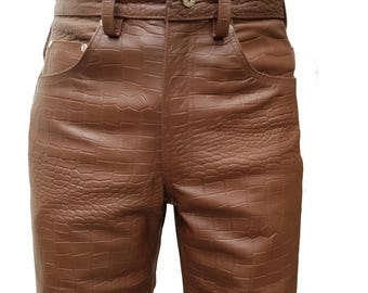 Brown Crocodile Leather Biker Jeans