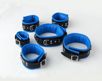 Handmade Black and Blue Genuine Leather 5 piece Restraint Set