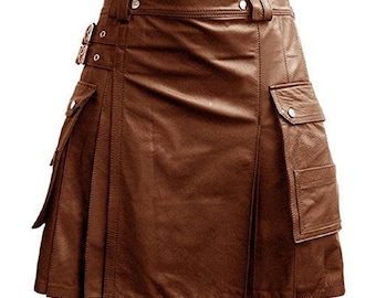 Handmade Brown Leather Gladiator Kilt: Utility Cargo Pockets