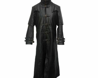 Handmade Mens Black and Brown Cow Leather Gothic Steampunk Trench Coat