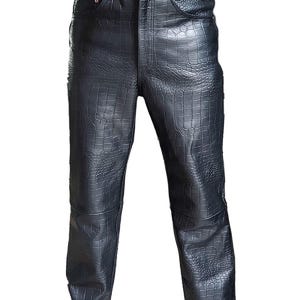 May include: Black leather trousers with a crocodile skin effect. The trousers feature a button and zip fastening, belt loops, and front and back pockets. The style is a straight leg.