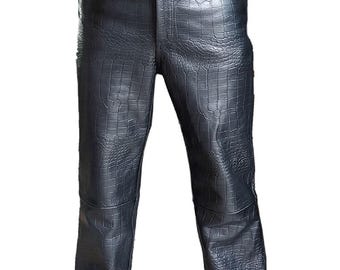Herren Schwarz Krokodilleder Jeans Echtes Rindsleder Biker 501 Style