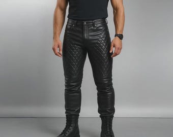 Handmade Mens Sheepskin Leather Biker Pants – Quilted Slim Fit