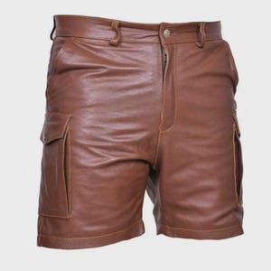Mens Brown Leather Cargo Shorts: Handmade Utility Style