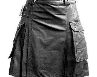 Handmade Black Leather Gladiator Kilt: Pleated Utility Kilt with Cargo Pockets