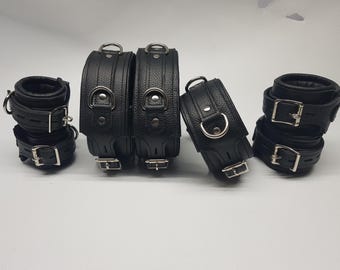 Black Leather Cuffs Set – 7-Piece Neck, Wrist, Thigh & Ankle Restraints