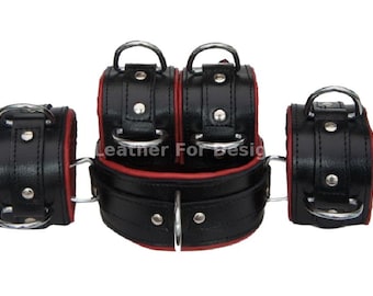 Handmade Black and Red Genuine Leather 5 piece Restraint Set