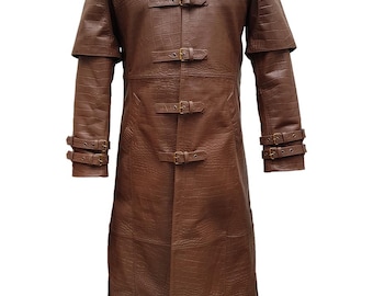 Handmade Mens Black Crocodile Print Leather Trench Coat