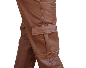 Hand made Men’s Brown Leather 6 Pocket Cargo Pants – Fully Lined