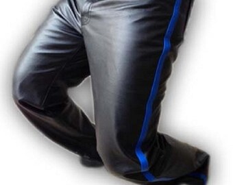 Handmade Black Police Style Leather Pants – Men’s Biker Riding Jeans