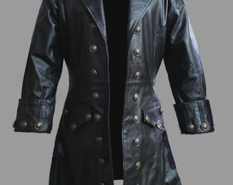 Mens Black Leather Gothic Military Steampunk Trench Coat