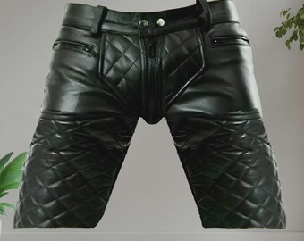 Mens Leather Quilted Shorts with Zipper