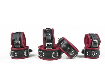 Handmade Black and Red Genuine Leather 7 piece Restraint Set
