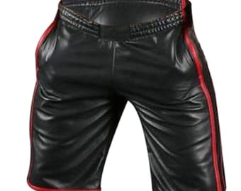 Mens Handmade Black Leather Shorts with Red Piping – Soft Lambskin Style