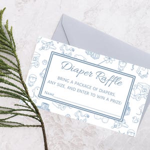Toile de Jouy-luierloterijkaart | Blauw speelgoedthema | Kaartsjabloon babyjongen | Stoffig blauw elegant babyshower