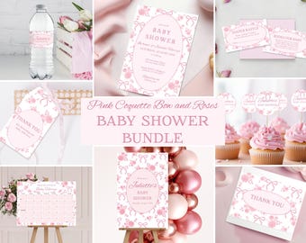 May include: Pink and white baby shower printable bundle featuring a floral and bow design. The bundle includes invitations, thank you cards, cupcake toppers, and a welcome sign. The text on the sign reads "Juliette's Baby Shower".