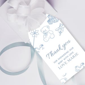 Toile de Jouy Favor Tag | Blue Toys Theme Tag | Baby Boy Gift Tag Template | Dusty Blue Elegant Tag