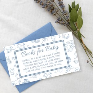 Toile de Jouy-luierloterijkaart | Blauw speelgoedthema | Kaartsjabloon babyjongen | Stoffig blauw elegant babyshower
