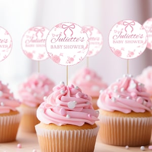 Coquette Pink Bow and Flowers Baby Shower Cupcake Topper | Printable Cupcake Topper | Pink Dessert Topper | Toile de Joey Baby Shower