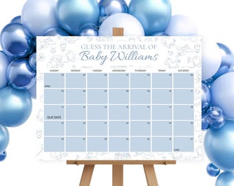 Toile de Jouy Baby Shower Due Date Calendar | Blue Toys Theme Sign | Baby Calendar Template | Dusty Blue Guess the Due Date Calendar Sign