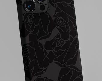 May include: Black phone case with a pattern of black roses.