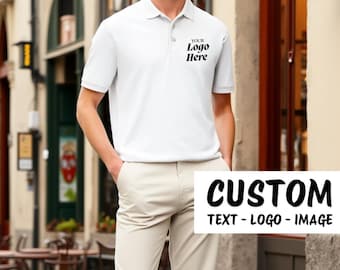 White Polo Shirt - Golf/Business/Team Customization Company Logo Party Polo Shirts - Print Logo or Text - Premium Comfort Fit Workwear