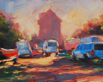 Cars and Boats, 6x8, oil - Sunrise, beach house, airstream, pink light and blue shadows