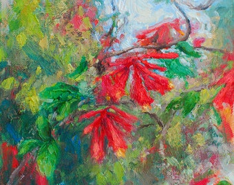 Red Honeysuckle, 7x9 oil. Small impressionist plein air floral painting.
