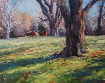 Feeding Time, 11x14, oil. Painting of cows in a field with old trees in the wintertime.